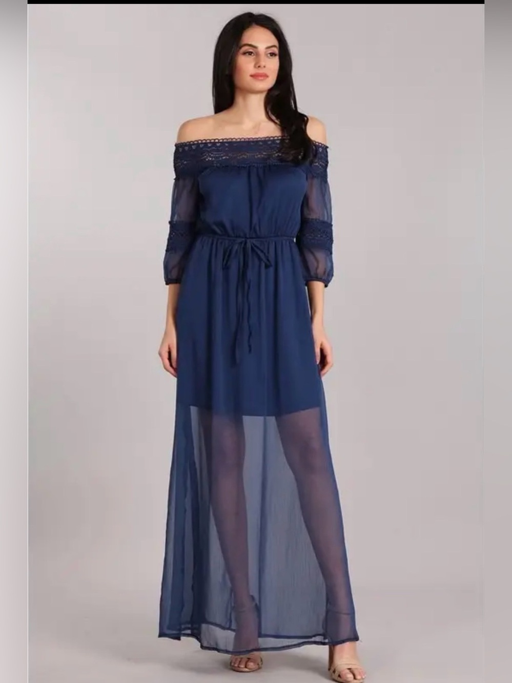 Boho Crochet Off-Shoulder Maxi Dress in Deep Blue